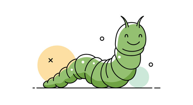 Cute smiling green caterpillar cartoon character illustration.