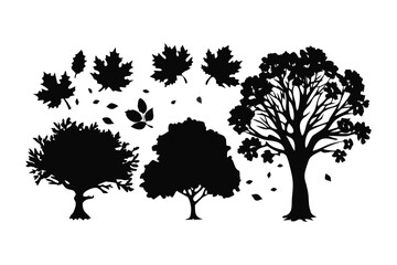 Whispering Silhouette: a collection of silhouettes of trees and falling leaves, showcasing the tranquil beauty of nature and the artistry of shape and form.