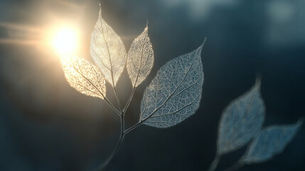 Sunlight filtering through delicate leaf veins, revealing intricate cellular patterns and natural translucence in a hyperrealistic, close-up organic composition.
