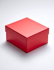 A square, red box sits on a white surface, simple and clean