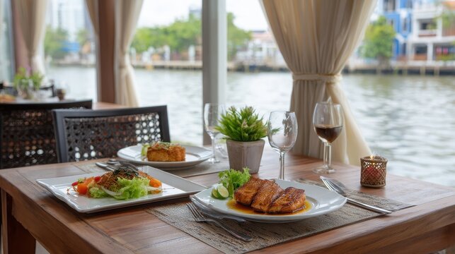 Elegant riverside dining at a Thai restaurant featuring beautifully plated dishes and a serene waterfront view