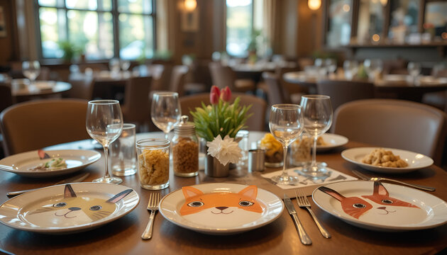 Elegant Restaurant Table Setup with Wine Glasses and Plants