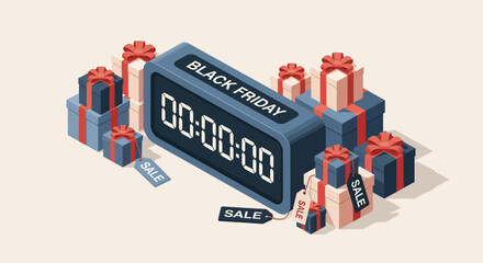 This flat design visual features a digital countdown timer set to zero, surrounded by beautifully wrapped gift boxes, symbolizing the urgency and excitement of Black Friday sales. 