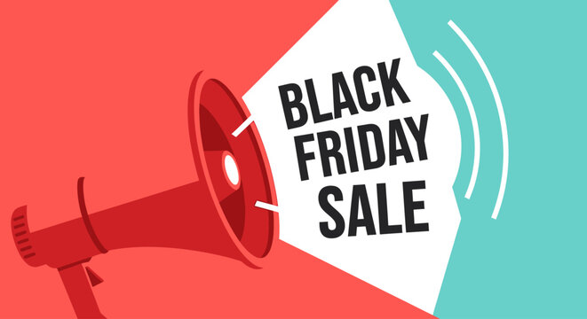 A powerful flat design illustration of a megaphone broadcasting a "Black Friday Sale" announcement, perfect for creating a sense of urgency and capturing attention. 