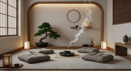Serene japanese zen room with bonsai tree low seating and ambient lighting for meditation and relaxation