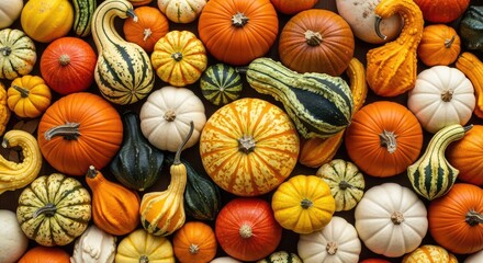Abundant harvest of colorful pumpkins and gourds, autumn bounty, fall decoration