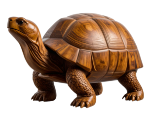  Realistic Wooden Desert Tortoise Sculpture, Side View, isolated on transparent background