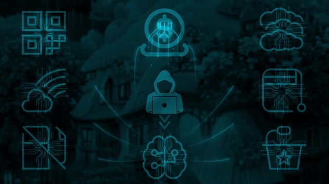 Hacker And dolor Sever A person using a laptop surrounded by digital icons representing technology, innovation, and communication
