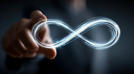 businessman’s hand holds a glowing virtual infinity symbol surrounded by digital technology icons, representing global data connectivity, metaverse networks, and digital marketing innovation
