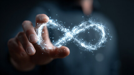 businessman’s hand holds a glowing virtual infinity symbol surrounded by digital technology icons, representing global data connectivity, metaverse networks, and digital marketing innovation