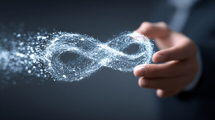 businessman’s hand holds a glowing virtual infinity symbol surrounded by digital technology icons, representing global data connectivity, metaverse networks, and digital marketing innovation