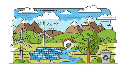 Naklejka premium Vector Illustration of Renewable Energy Landscape with Wind Turbines Solar Panels and Green Tree in Modern Eco Style