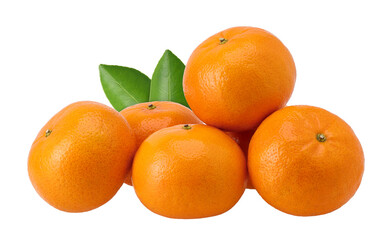Pile of orange fruits with leaves (mandarin oranges) isolated, transparent PNG, PNG format, cut out