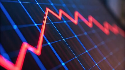 Red and blue graph line depicting market trends on a digital screen with grid background, representing data analysis and economic fluctuations.