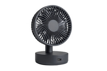 A modern compact portable desk fan with a dark gray finish and multiple speed settings isolated on transparent background