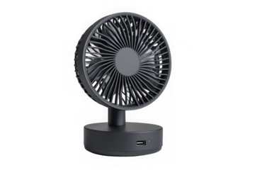 A modern compact portable desk fan with a dark gray finish and multiple speed settings isolated on transparent background