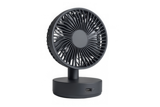 A modern compact portable desk fan with a dark gray finish and multiple speed settings isolated on transparent background