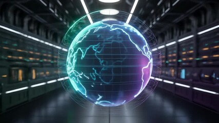 Glowing Holographic Earth Globe Displayed In Futuristic Server Room With Blue And Teal Lighting - Powered by Adobe