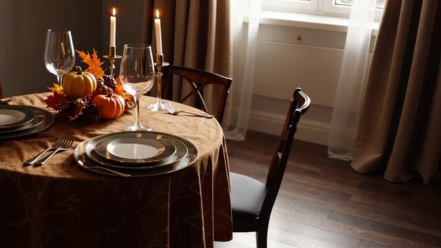 Elegant autumn table setting with fall leaves centerpiece in sunlit dining room
