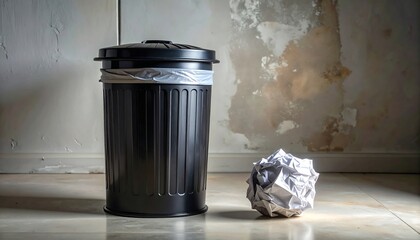 A black waste container with a crumpled paper ball, near a peeling wall