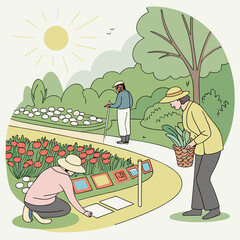 Three People Gardening in a Sunny Park