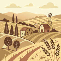Tranquil Rural Landscape with Farmhouse and Windmill