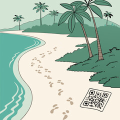 Tropical Beach Scene with Footprints and Palm Trees