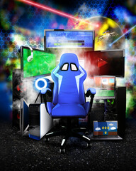Modern Gaming Setup With Blue Gamer Chair, Multi Monitor Display, and Neon Lights
