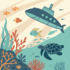 Underwater Scene with Submarine, Turtle and Fish