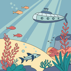 Underwater Scene with Submarine and Marine Life