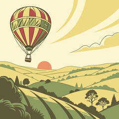 Vintage Hot Air Balloon Over Rolling Hills at Sunset