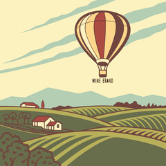 Vintage Hot Air Balloon Over Rolling Green Hills