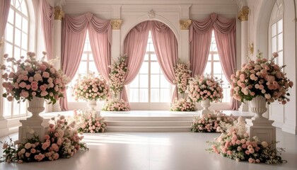 Elegant Wedding Venue with Floral Arrangements and Soft Lighting.