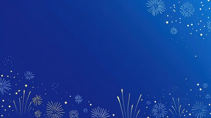  a blue background with fireworks and stars, a simple vector illustration style, a flat design, a minimalist style, with white space on the left side of the screen, a blue gradient background