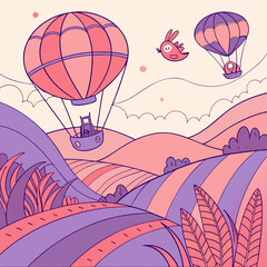 Whimsical Hot Air Balloon Ride Over Pastel Hills