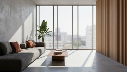 Fototapeta premium Modern living room with large windows, plants, and wood accent wall - interior decorating ideas
