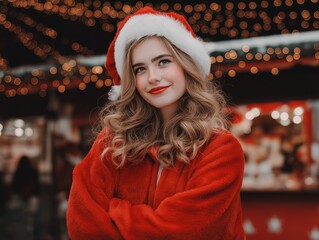 Cheerful Young Woman in Santa Hat and Red Coat Smiling Amidst Festive Christmas Lights at Outdoor Winter Market