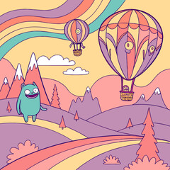 Whimsical Pastel Landscape with Hot Air Balloons and Cute Monster