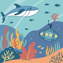 Whimsical Underwater Scene with Whale and Submarine