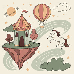 Whimsical Unicorn and Floating Castle Illustration