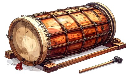 A detailed illustration of a large, cylindrical wooden drum