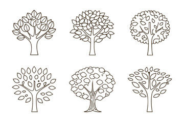 Line-art Tree Collection: A collection of six stylized trees, perfect for various design applications, highlighting the beauty and diversity of nature through minimalist line art.