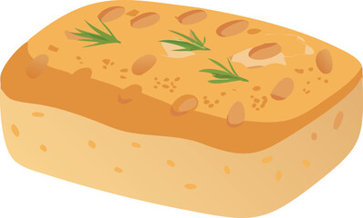 Illustration of a loaf of bread with a golden-brown crust, topped with green herbs and seeds. The tone is warm and inviting, suggesting freshness.