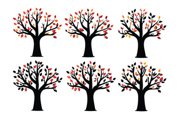 Obraz premium Autumnal Trees in Harmony: An elegant arrangement of six stylized trees, their silhouettes showcasing the vibrant hues of autumn foliage. A harmonious display of nature's seasonal transformation.