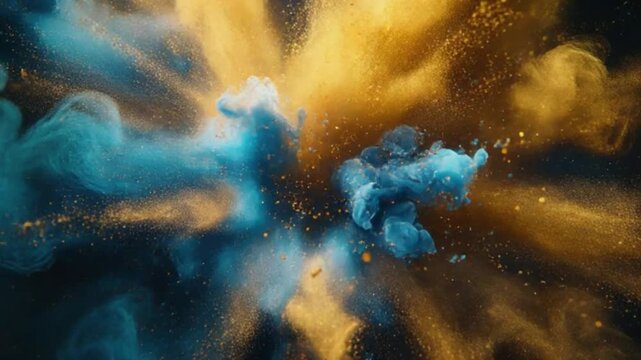 Cinematic explosion of blue and gold ink clouds blending in air, slow motion abstract dust particles burst with dramatic color contrast and artistic motion