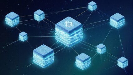 A digital network of interconnected, glowing cubes with lines, showcasing a cryptocurrency symbol