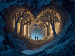 Romantic Love Story in a Mystical Forest: Couple's Silhouette Amid Enchanting Nature and Heart-Shaped Trees