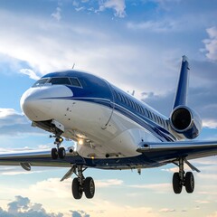 Obraz premium A luxurious private aircraft descending through a partly cloudy sky