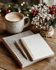 Cozy Workspace with Coffee, Notepad, and Holiday Decor Accents