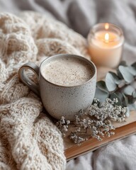 Cozy Coffee Moment with Candle and Soft Blanket for Relaxation